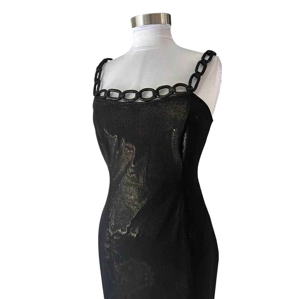 RARE Zula Studio Cocktail Dress 8 Black Gold Metallic Chain Strap Sheath